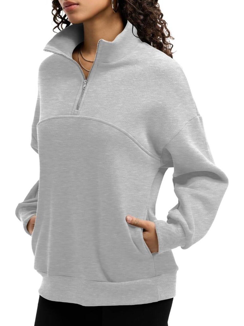 🆕Women's Light Grey Fleece Quarter Zipper Pullover Oversized Half Zip Hoodie